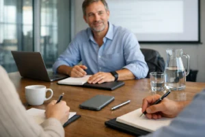 Reunion corporativa con ejecutivo poniendo móvil con fundas personalizadas para movil sobre la mesa, ambiente profesional y luz natural